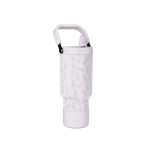 Light lavender water bottle with mauve camo pattern, white handle and rim, black accents