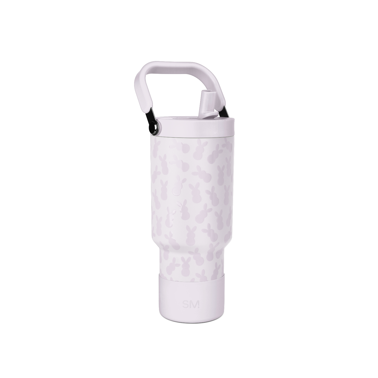 Light lavender water bottle with mauve camo pattern, white handle and rim, black accents