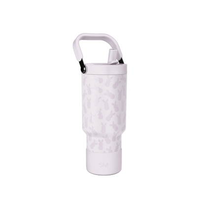Light lavender water bottle with mauve camo pattern, white handle and rim, black accents