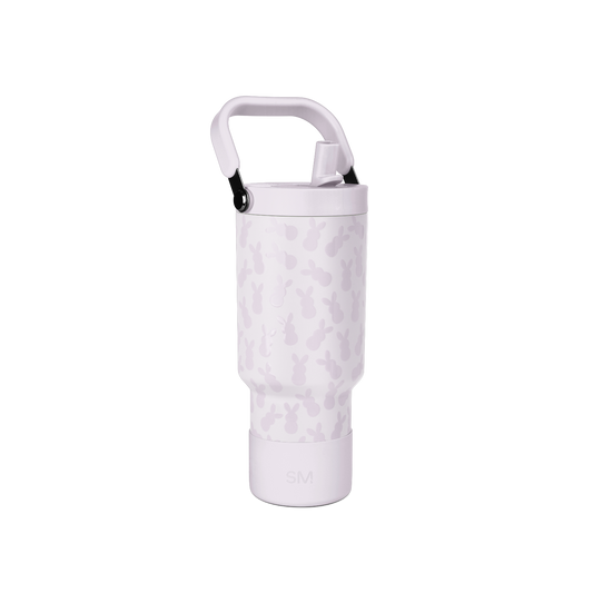 Light lavender water bottle with mauve camo pattern, white handle and rim, black accents