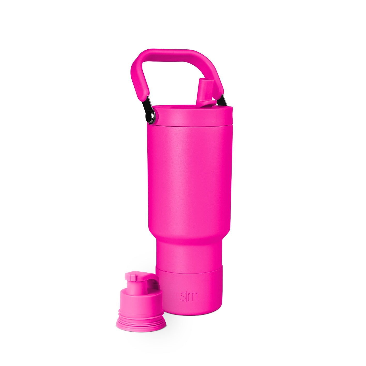 Vibrant hot pink water bottle with black accents and integrated handle system