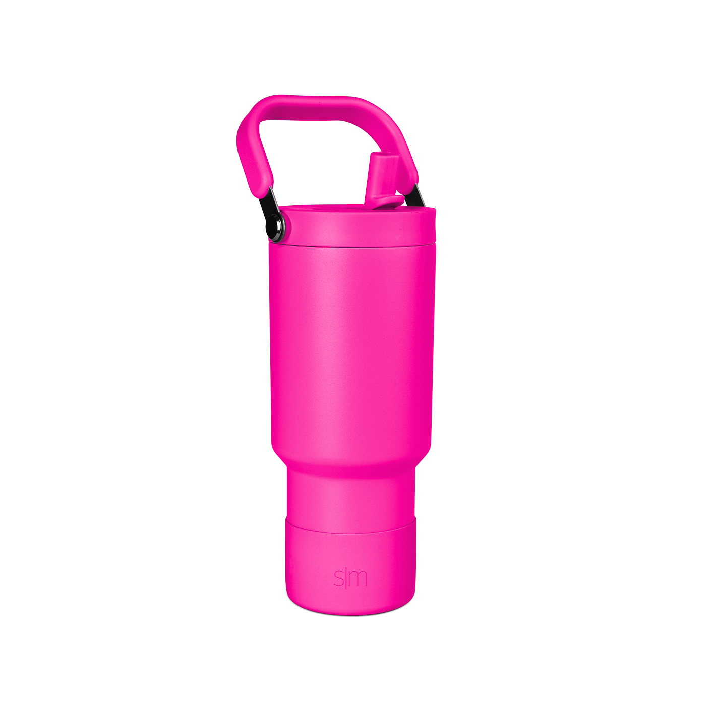 Vibrant hot pink cylindrical vessel with matching handle against white background