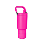 Vibrant hot pink cylindrical vessel with matching handle against white background