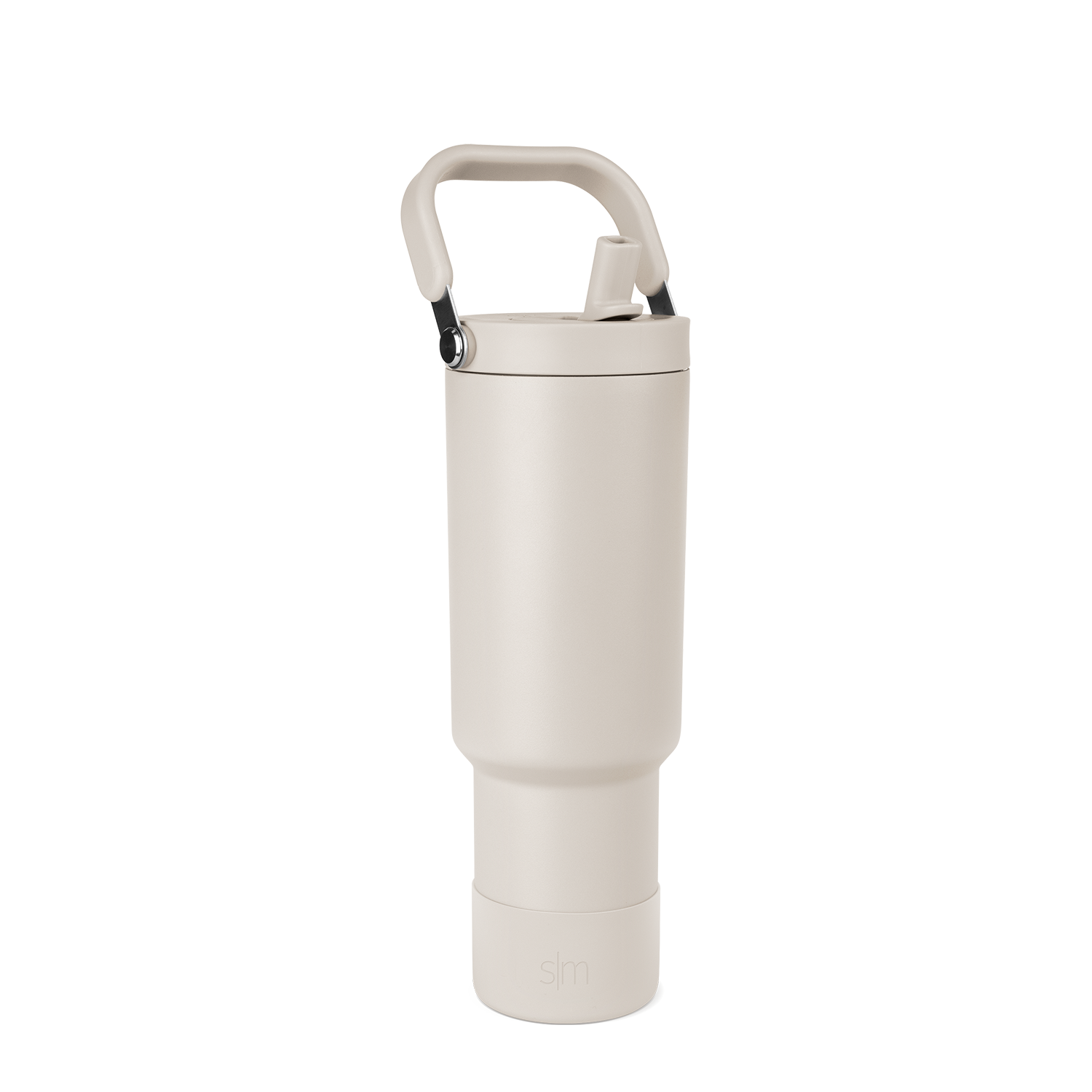 Off-white cream portable storage product with matte black carrying handle and metallic silver hardware details