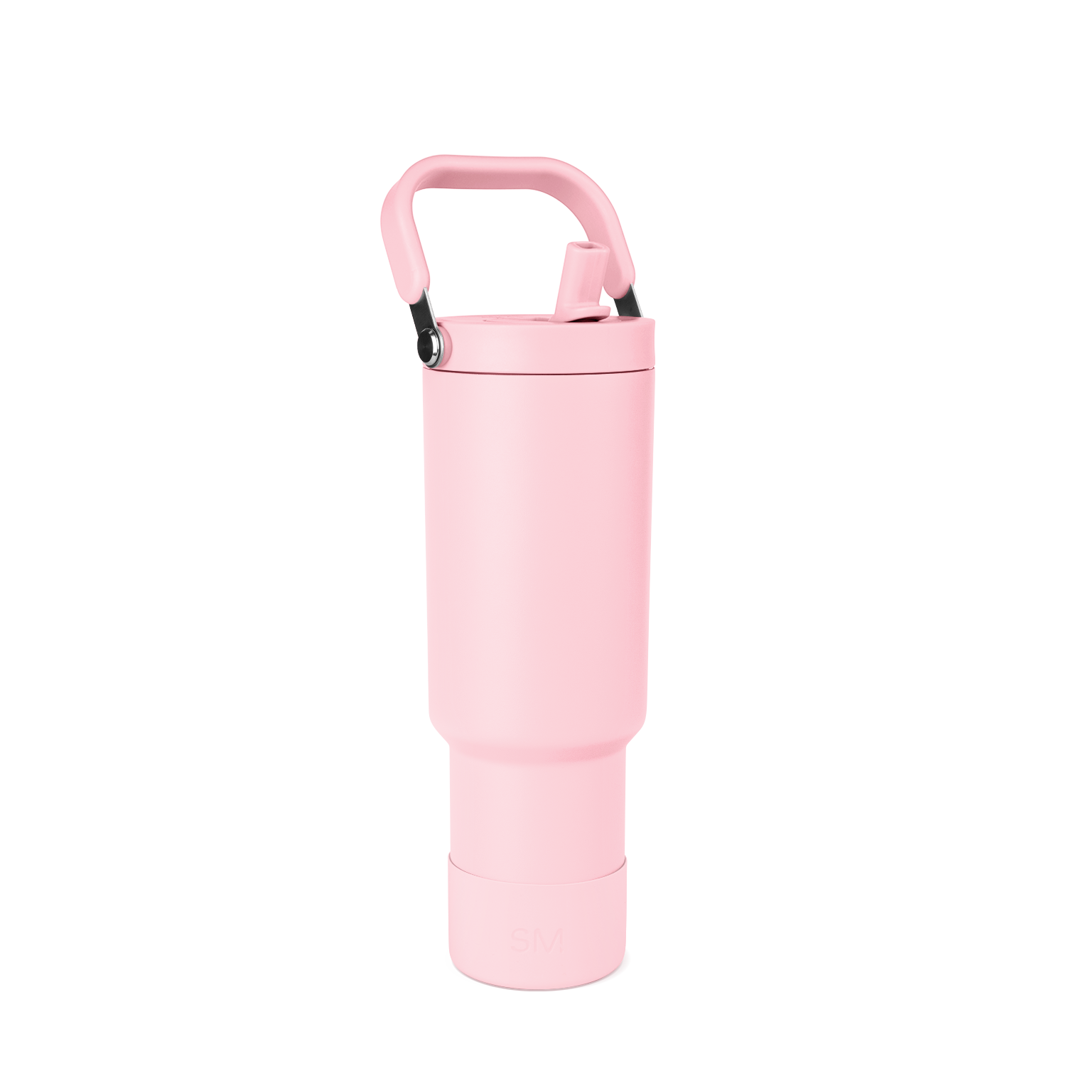 Tall cylindrical pale pink water bottle with rounded tapered design and wider middle section on white background
