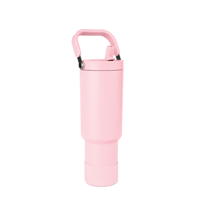 Tall cylindrical pale pink water bottle with rounded tapered design and wider middle section on white background
