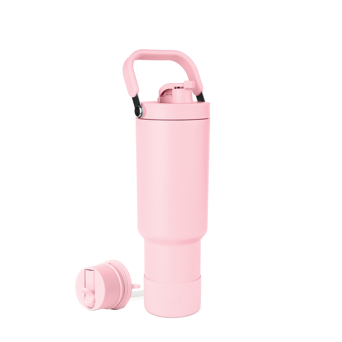 Pale pink trapezoid-shaped bottle with black carry handle grips and interior hardware components