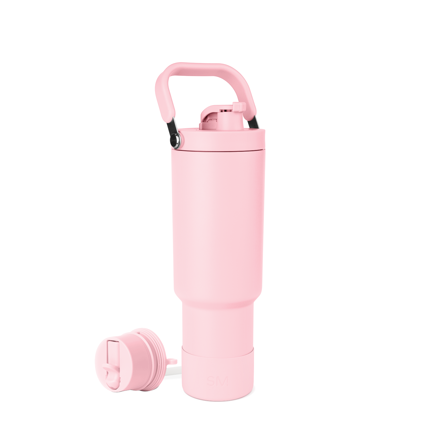 Pale pink trapezoid-shaped bottle with black carry handle grips and interior hardware components