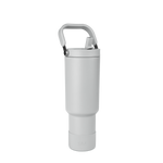 White thermal bottle with gray handle and black metallic hardware at top connection point