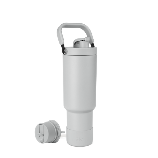 Light gray drinkware with carrying handle and top cap, featuring soft gray and white color palette with subtle shading for depth and dimension.
