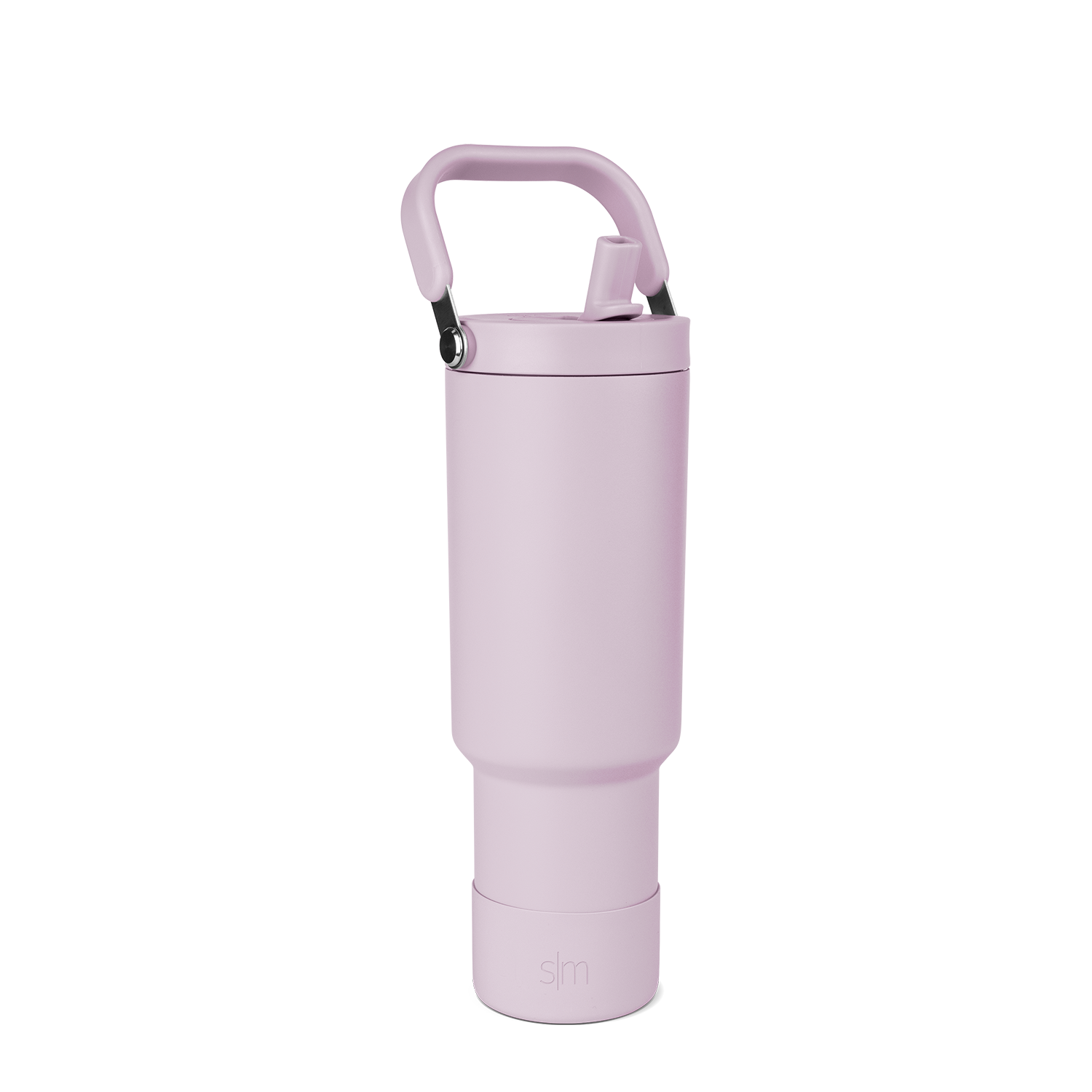 Lavender-pink spray bottle with handle and trigger, displayed against white background