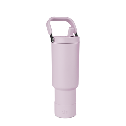 Lavender-pink spray bottle with handle and trigger, displayed against white background