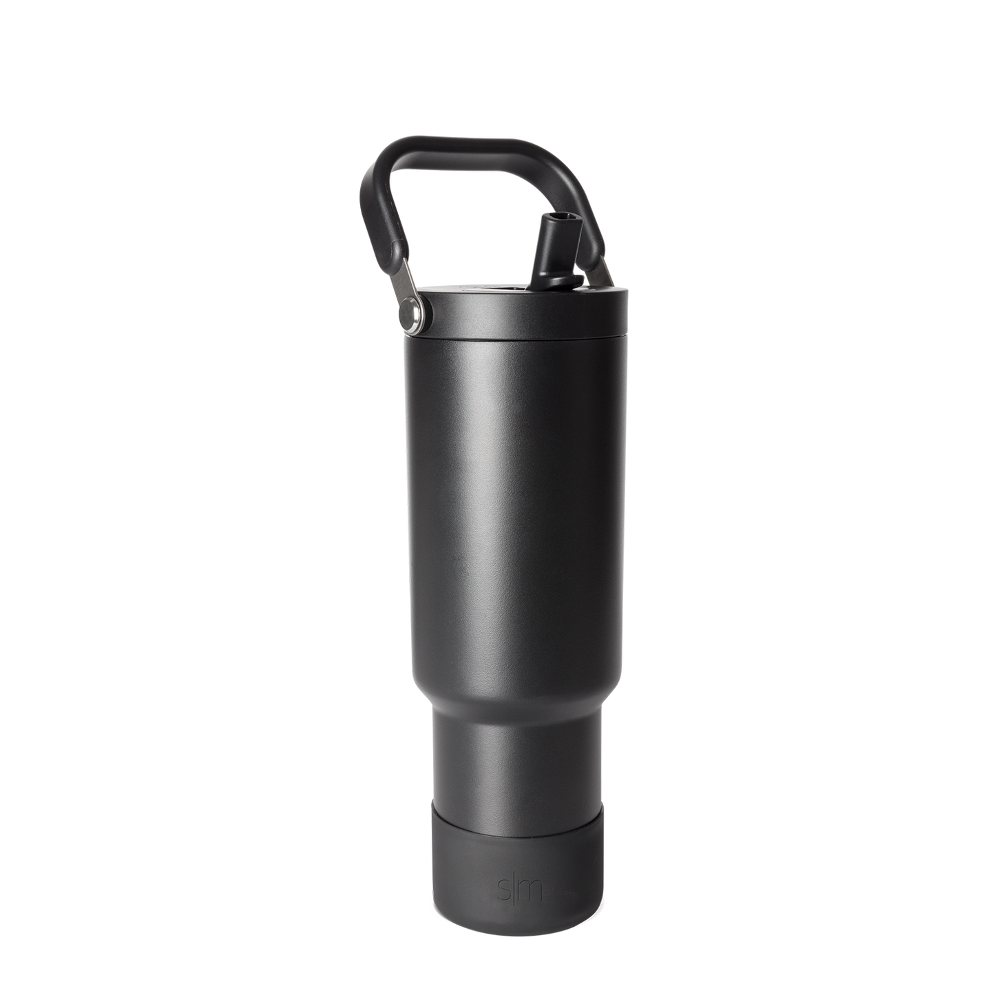 Black matte finish bottle with metallic gray accents, handle, and base against dark gray background