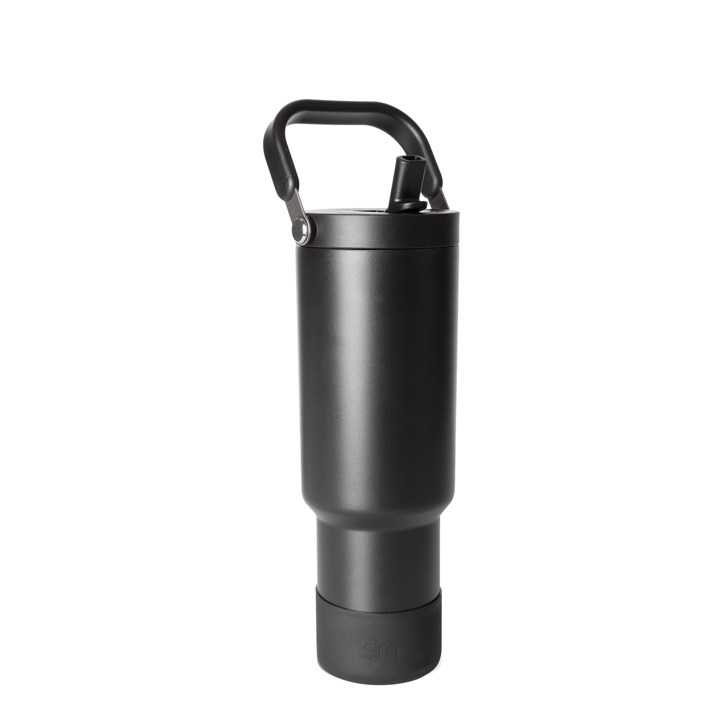 Black matte finish bottle with metallic gray accents, handle, and base against dark gray background