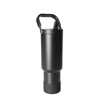 Black matte finish bottle with metallic gray accents, handle, and base against dark gray background