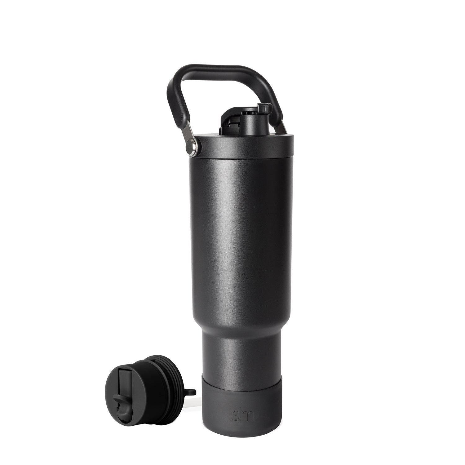 Matte black water bottle with gunmetal gray cylindrical body on white background