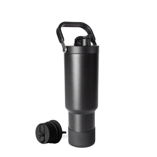 Matte black water bottle with gunmetal gray cylindrical body on white background