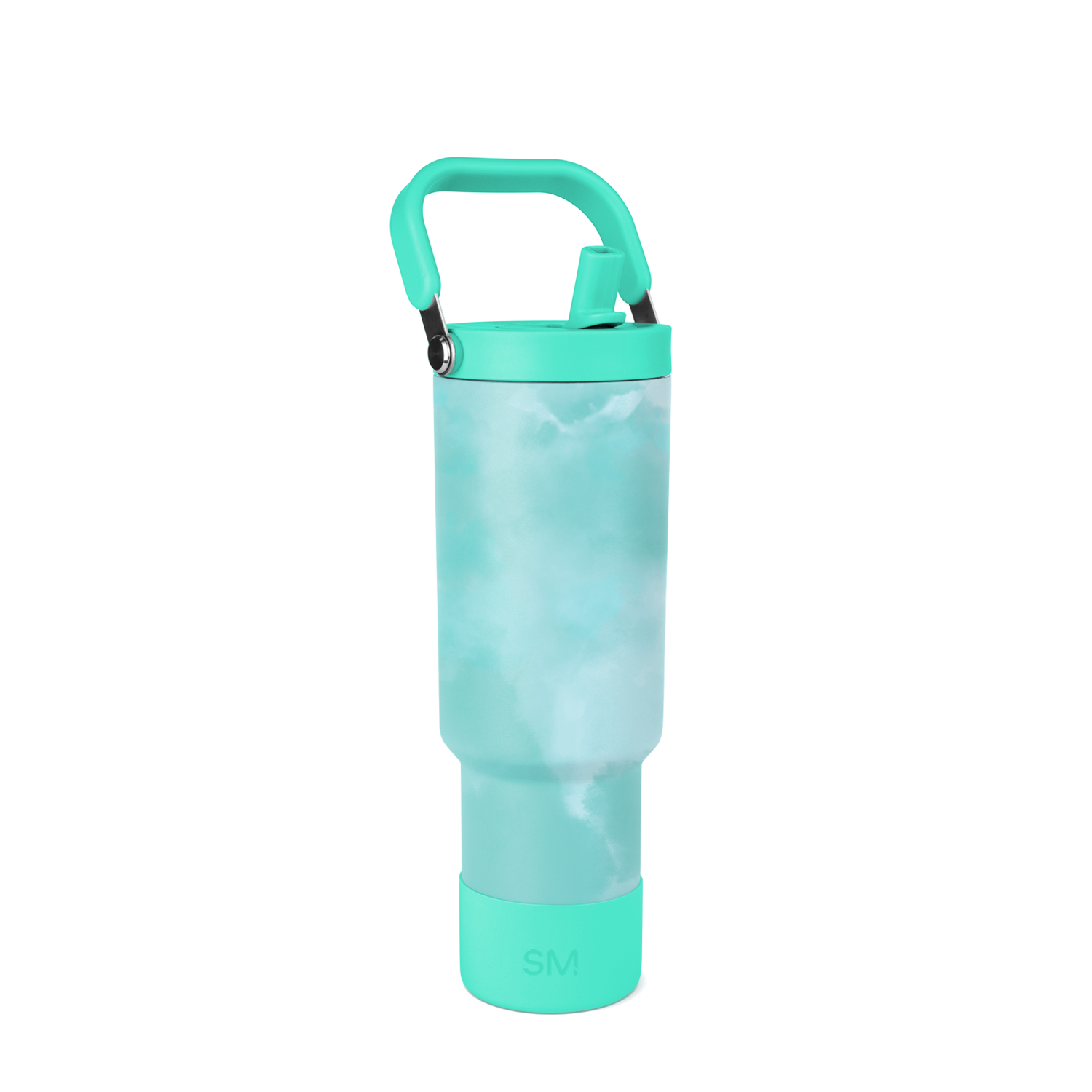 Turquoise and white translucent plastic bottle with rigid structural components and blue-gray tints