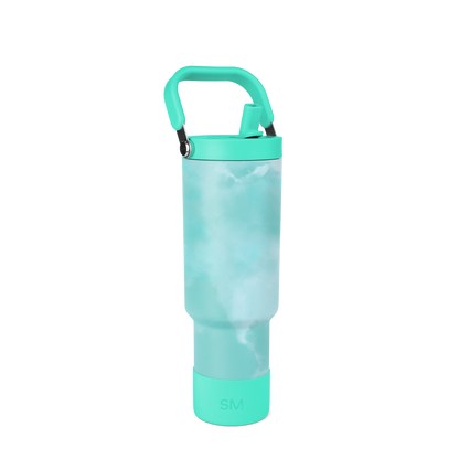 Turquoise and white translucent plastic bottle with rigid structural components and blue-gray tints
