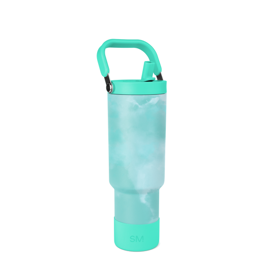 Turquoise and white translucent plastic bottle with rigid structural components and blue-gray tints