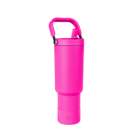 Hot pink insulated bottle carrier with modern design, front view showing the carrier's shape and structure for holding beverages.