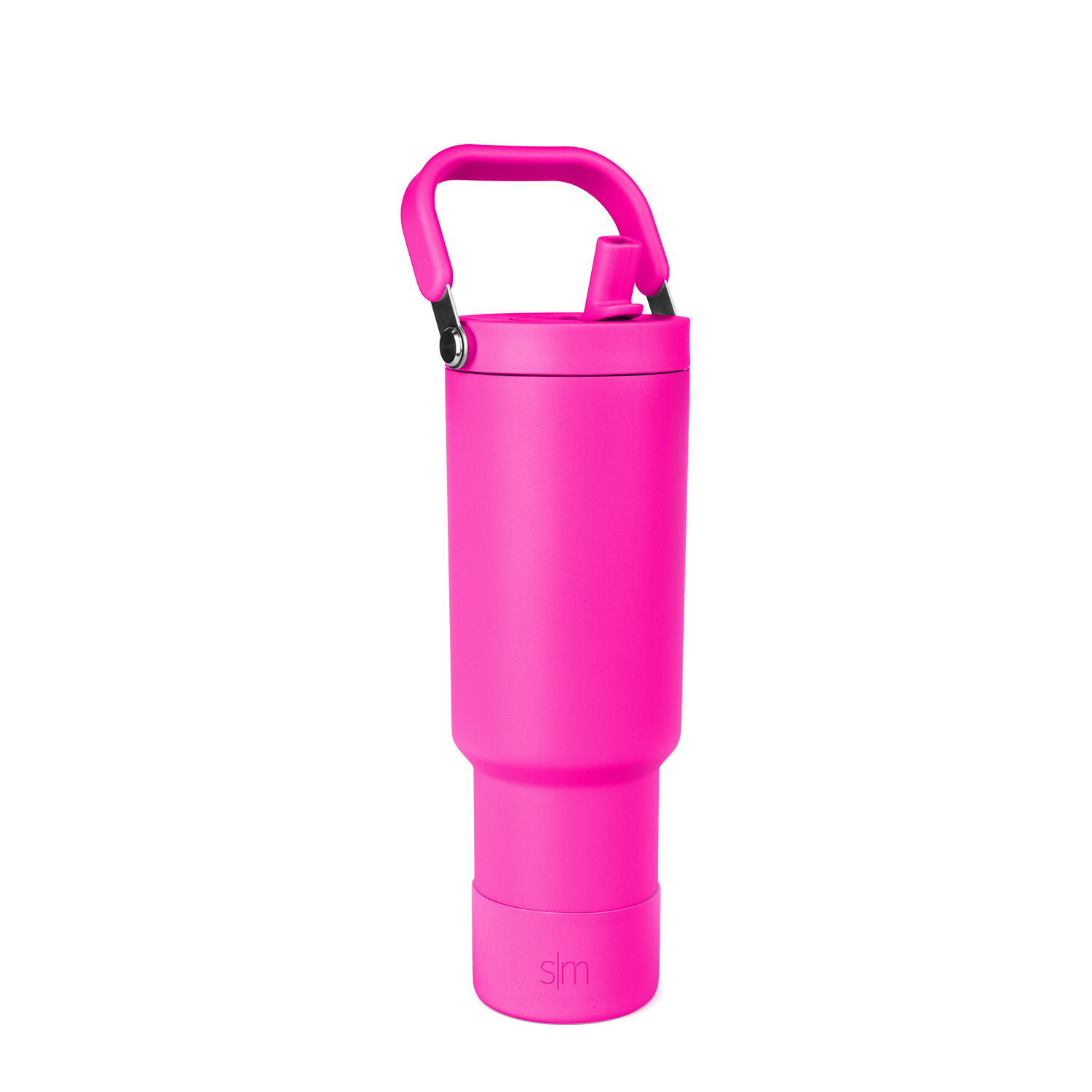 Hot pink insulated bottle carrier with modern design, front view showing the carrier's shape and structure for holding beverages.