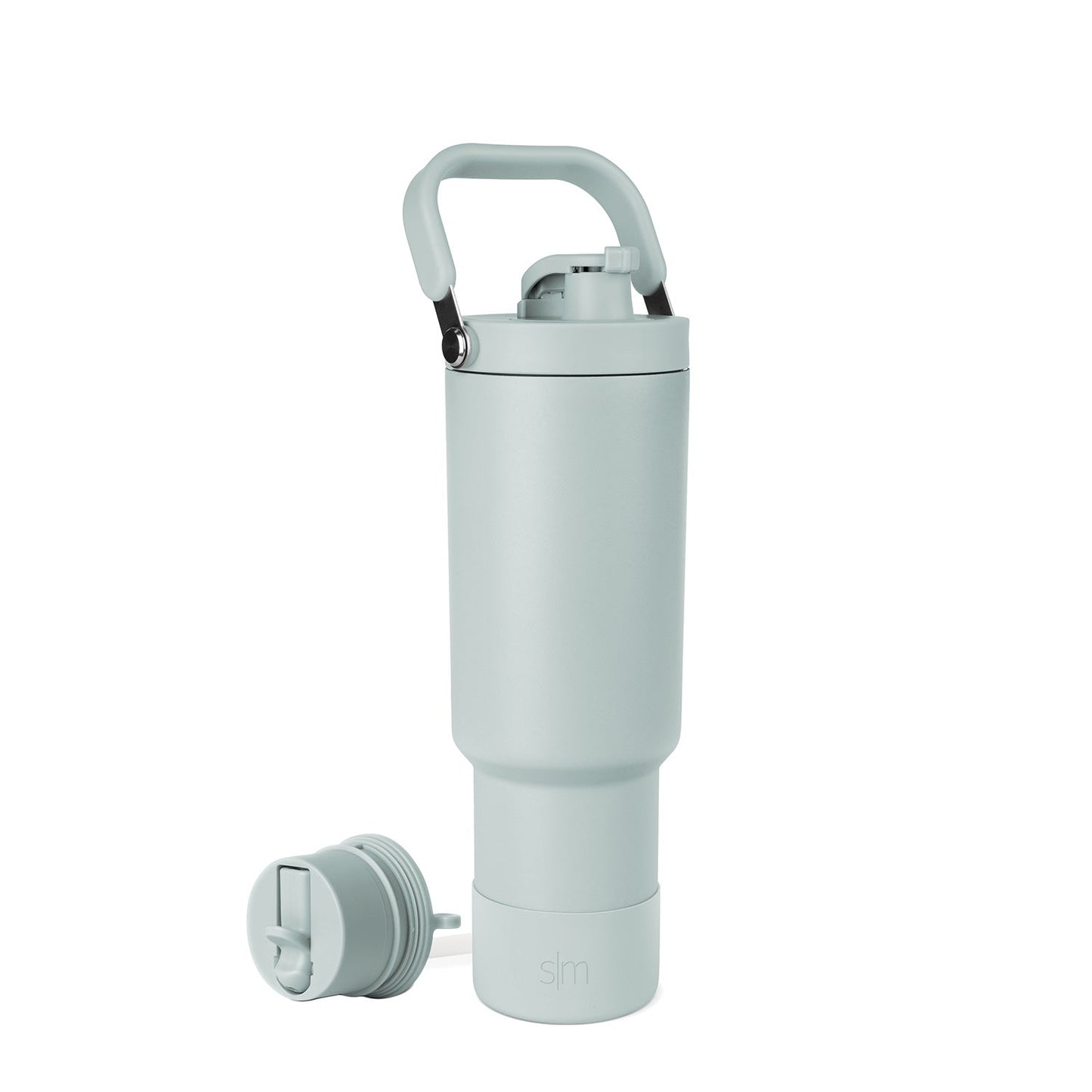 Soft sage green water bottle with black accents and carrying handle