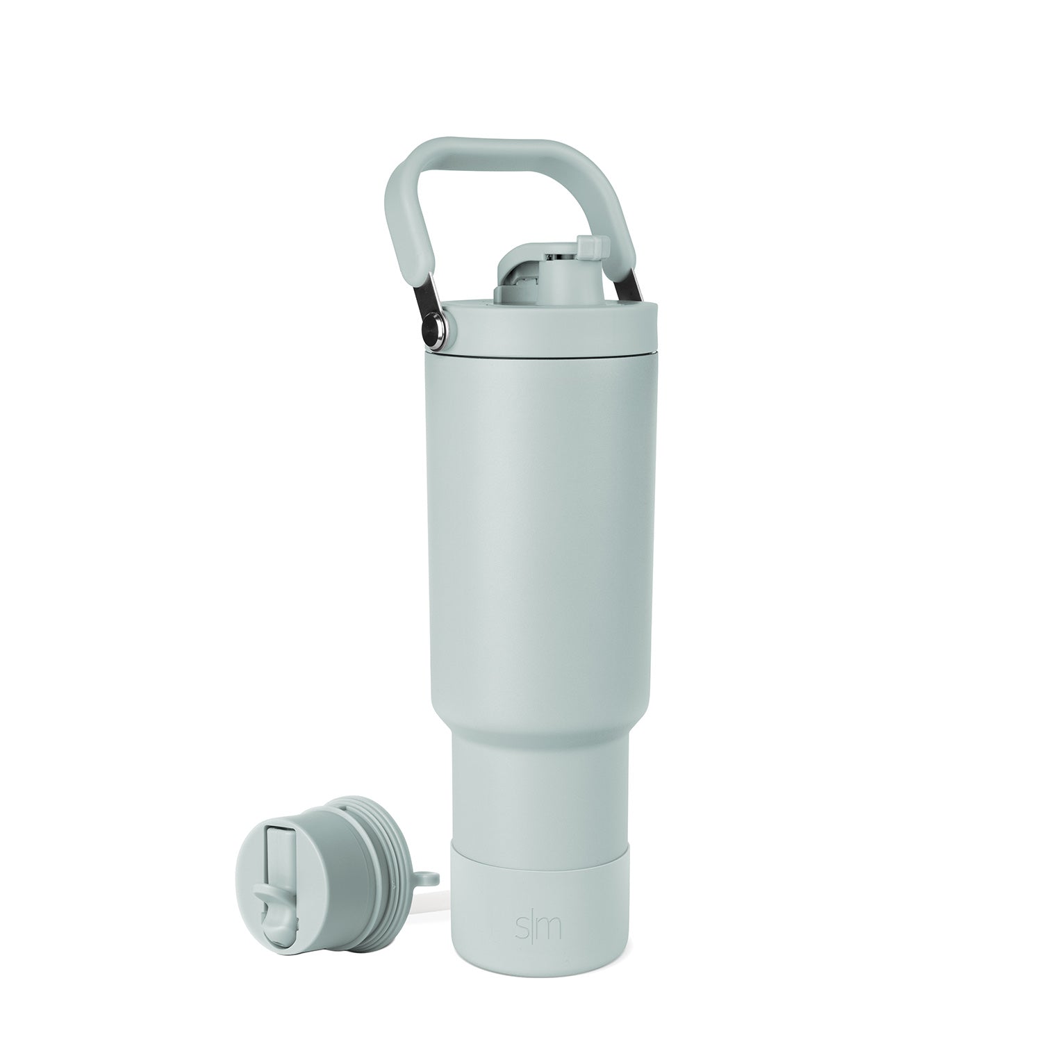 Soft sage green water bottle with black accents and carrying handle