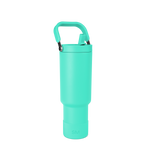 Turquoise insulated water bottle with cylindrical body and matching cap on white background