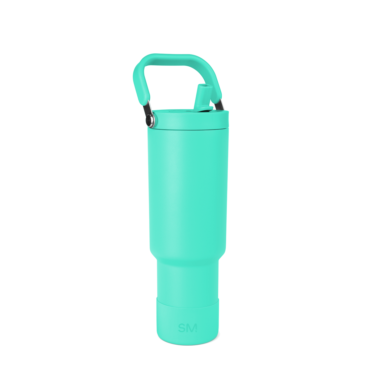 Turquoise insulated water bottle with cylindrical body and matching cap on white background