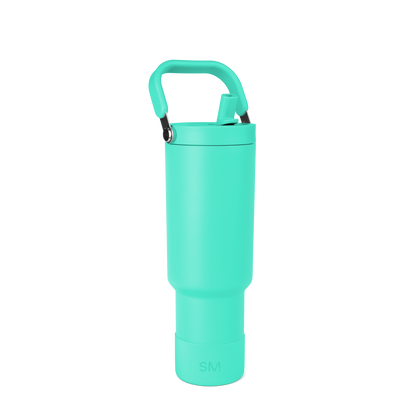 Turquoise insulated water bottle with cylindrical body and matching cap on white background