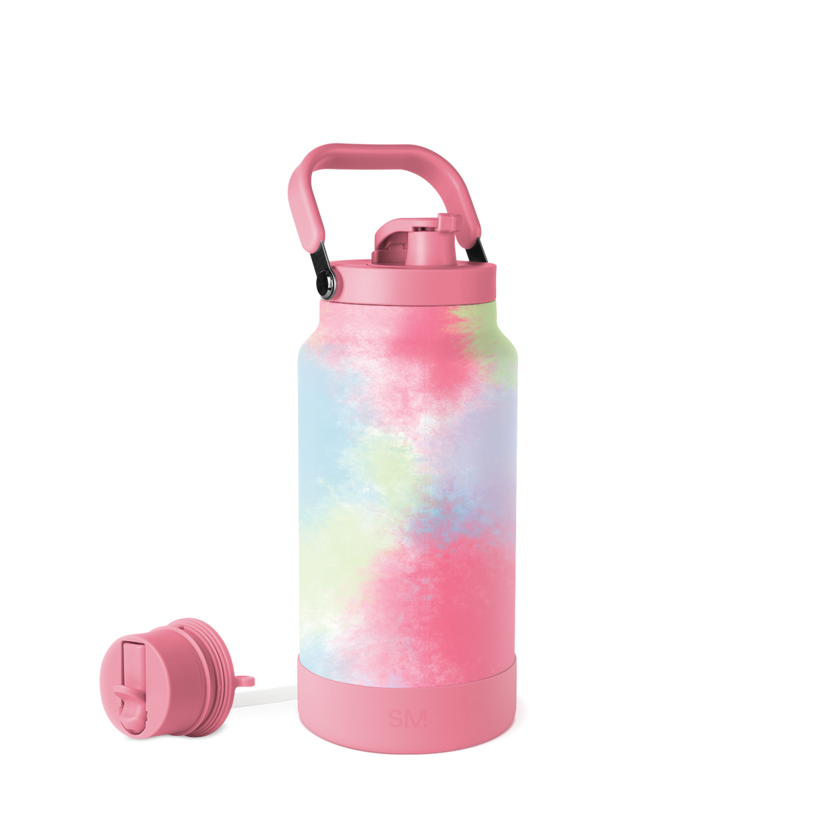 Pastel tie-dye water bottle with soft pink, light blue, and pale yellow blends, featuring a rose pink cap and carry handle.