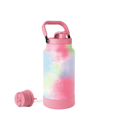 Pastel tie-dye water bottle with soft pink, light blue, and pale yellow blends, featuring a rose pink cap and carry handle.