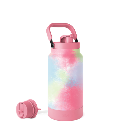 Pastel tie-dye water bottle with soft pink, light blue, and pale yellow blends, featuring a rose pink cap and carry handle.