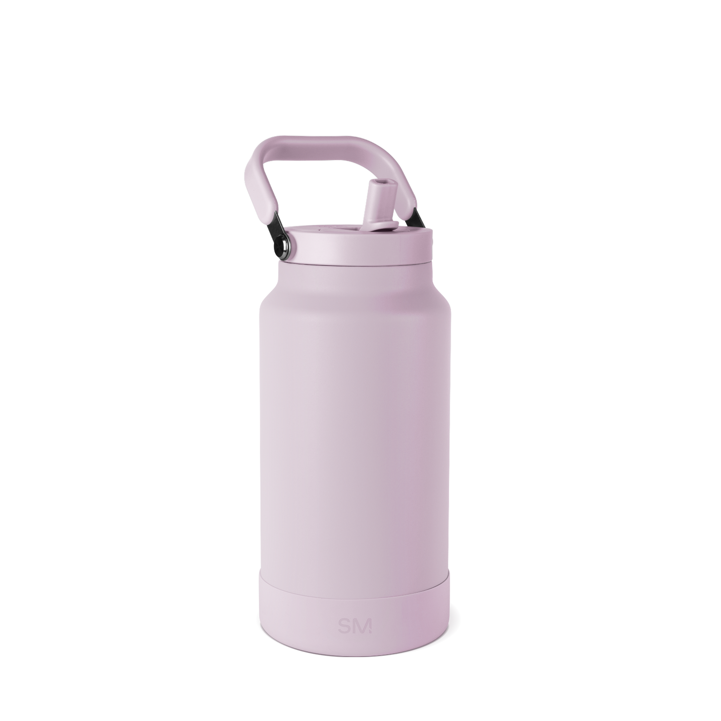 Mauve-pink cylindrical bottle with handle and black lid on white background