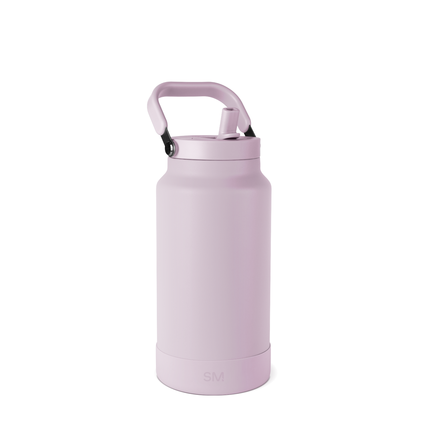 Mauve-pink cylindrical bottle with handle and black lid on white background