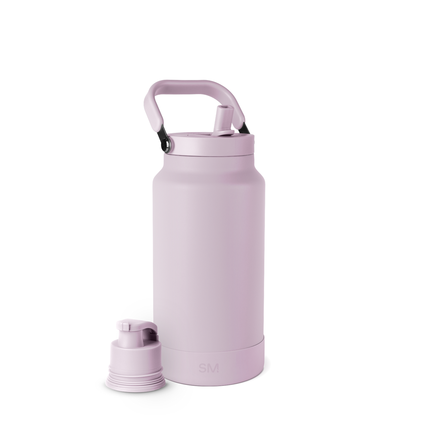 Dusty lavender pink schnapps bottle with black carabiners on handle against white background