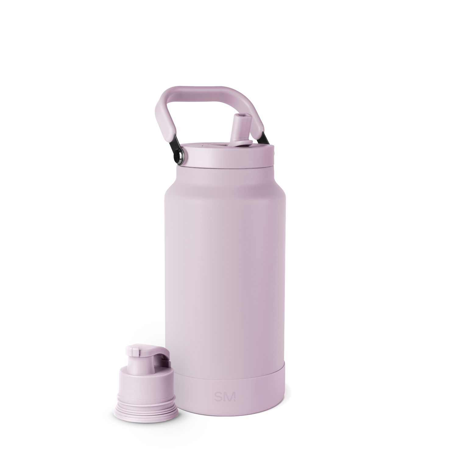 Dusty lavender pink schnapps bottle with black carabiners on handle against white background