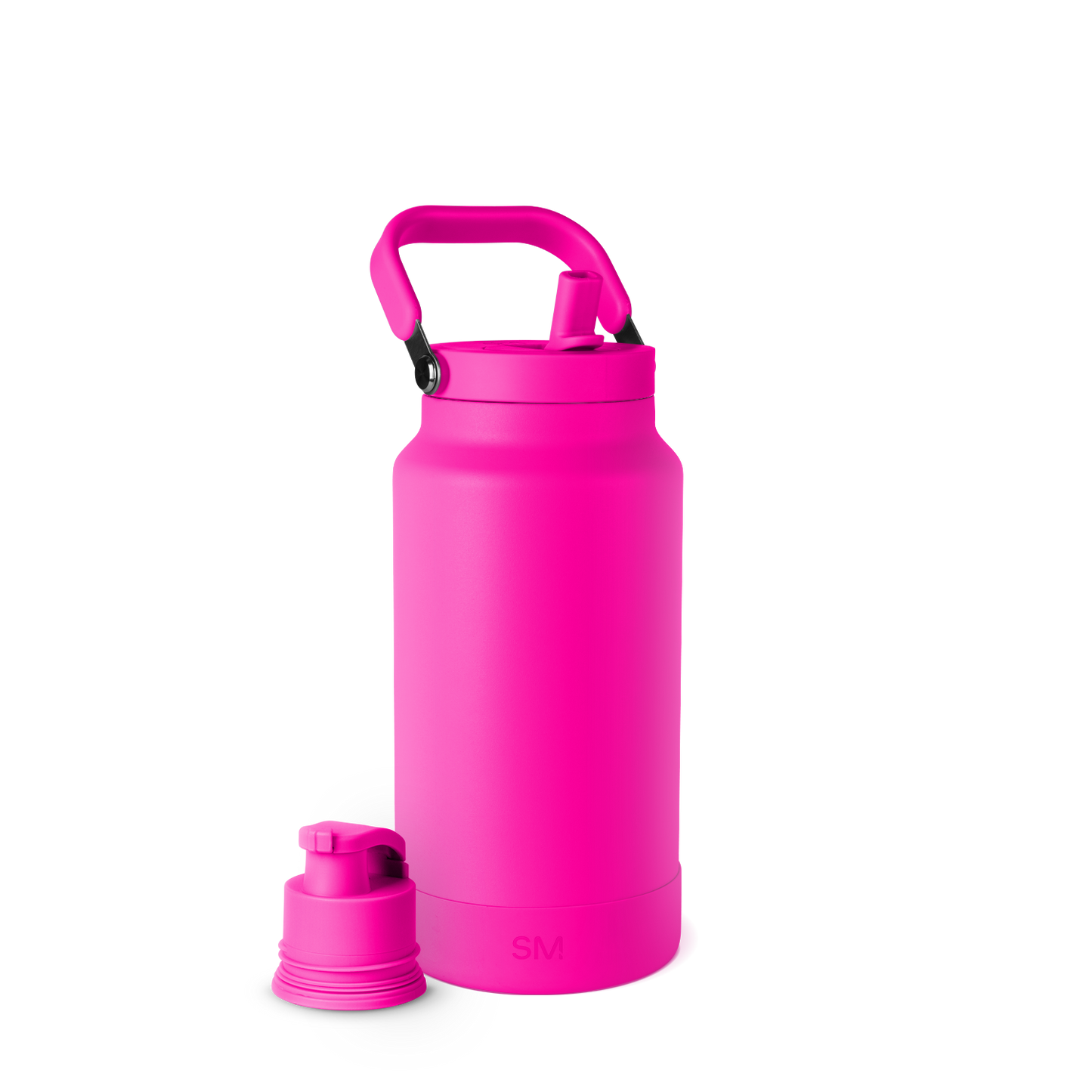 Bright hot pink spray bottle with white background