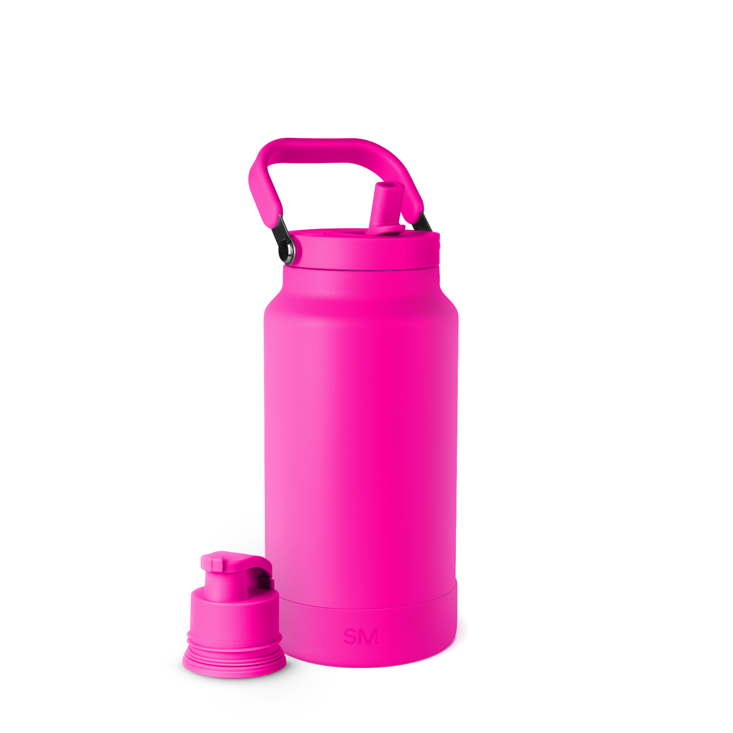 Bright hot pink spray bottle with white background