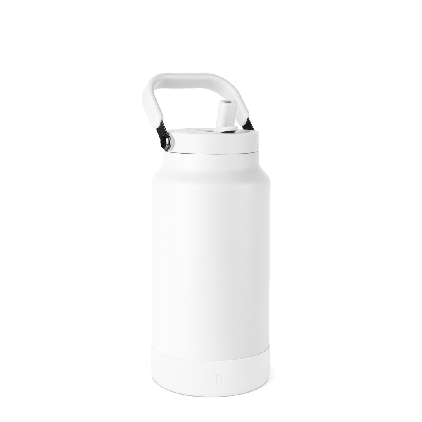 White matte water bottle with gray-accented handle, lid, and base, front view on white background