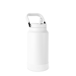 White matte water bottle with gray-accented handle, lid, and base, front view on white background