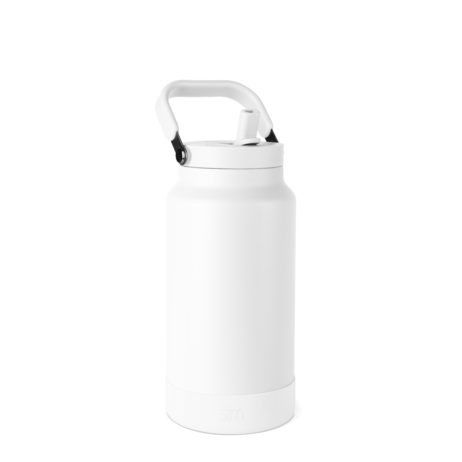 White matte water bottle with gray-accented handle, lid, and base, front view on white background