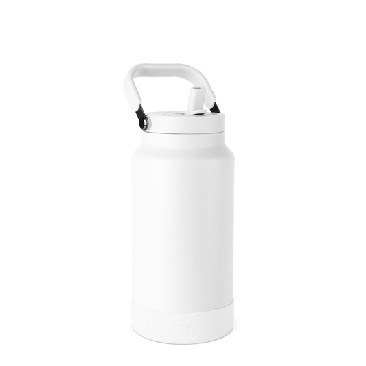 White matte water bottle with gray-accented handle, lid, and base, front view on white background