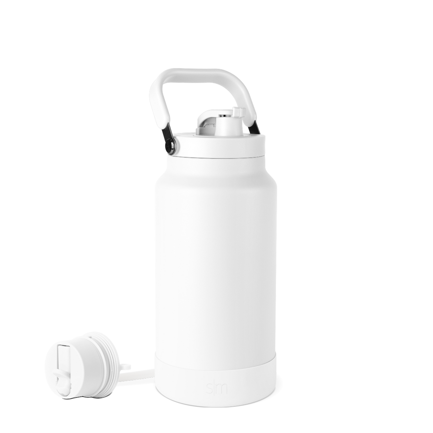 White double-wall insulated beverage bottle with cylindrical body and tapered base on neutral background