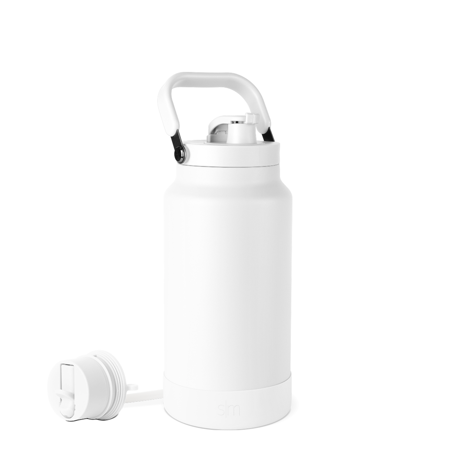 White double-wall insulated beverage bottle with cylindrical body and tapered base on neutral background
