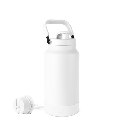 White double-wall insulated beverage bottle with cylindrical body and tapered base on neutral background