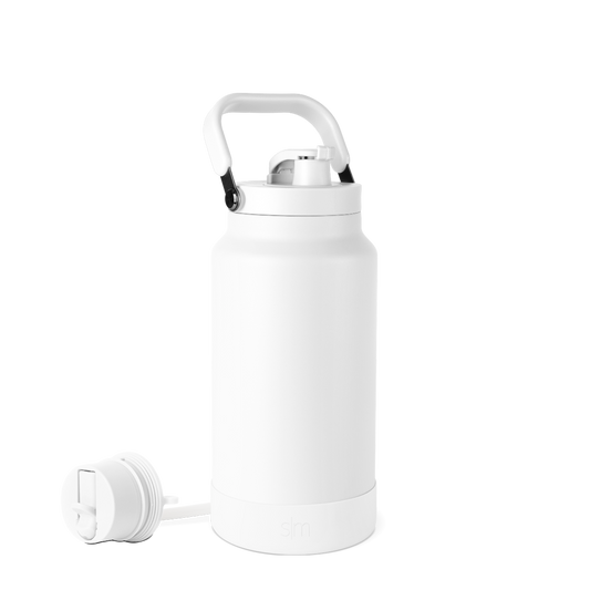 White double-wall insulated beverage bottle with cylindrical body and tapered base on neutral background
