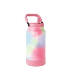 Pastel tie-dye insulated water bottle with soft pink, yellow, blue, and lavender pattern on white background