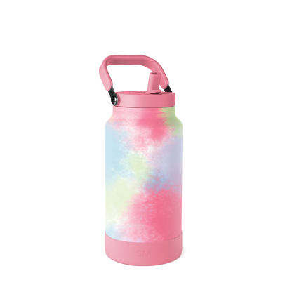 Pastel tie-dye insulated water bottle with soft pink, yellow, blue, and lavender pattern on white background